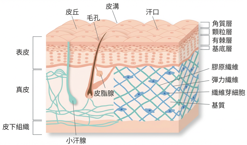 認識皮膚構造：表皮、真皮、皮下組織