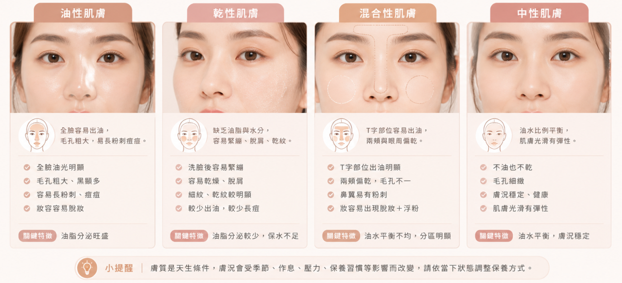 油性、乾性、混合性與中性肌膚比較圖