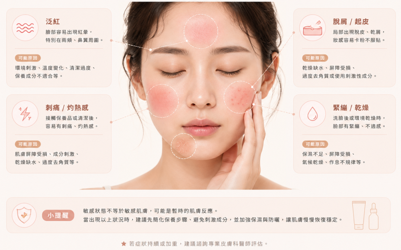 敏感肌膚泛紅、刺痛與脫屑示意圖