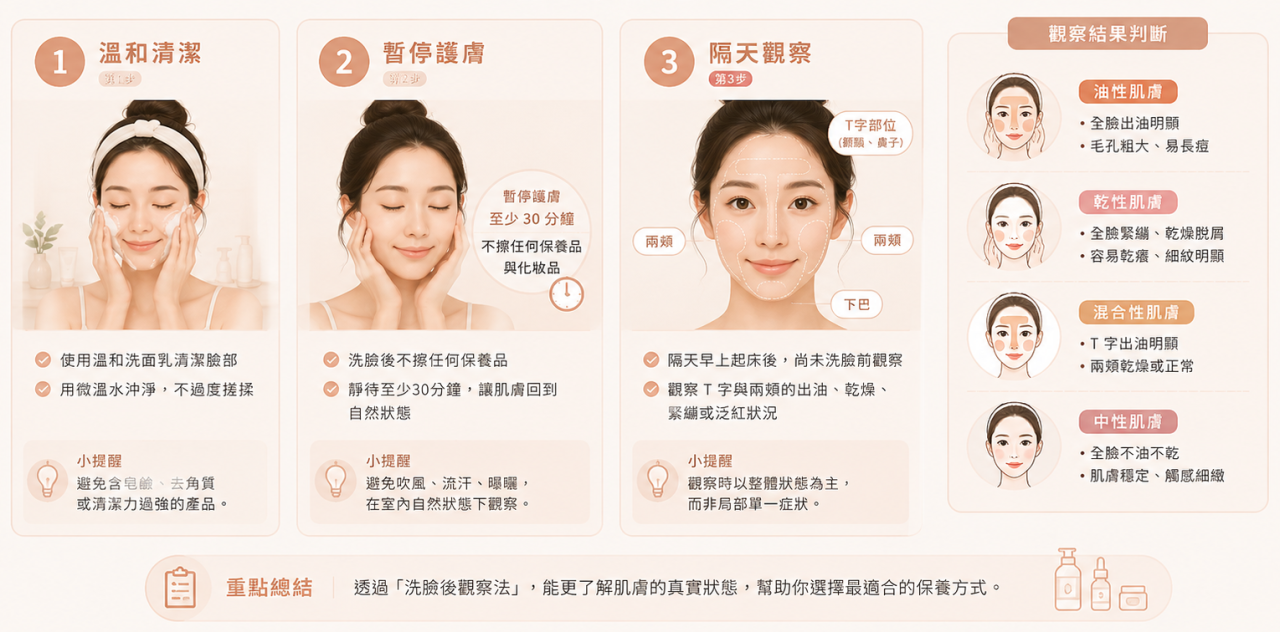 洗臉後膚質觀察流程圖