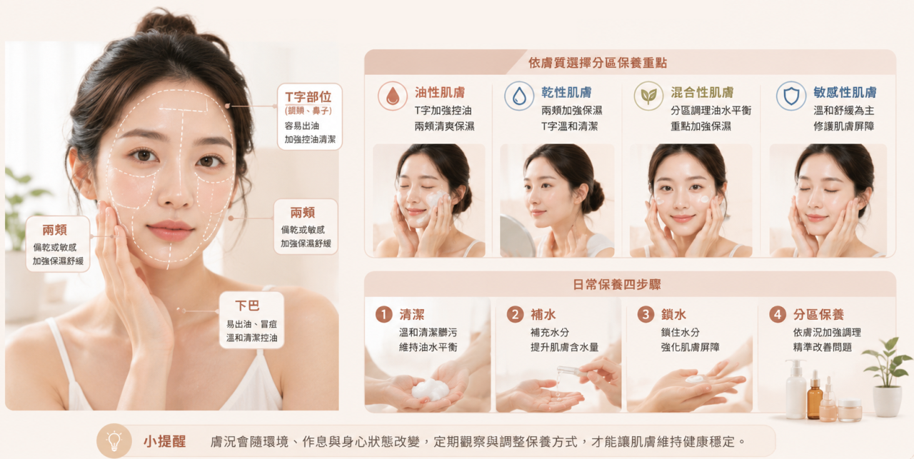 不同膚質的臉部分區照護與保養方向