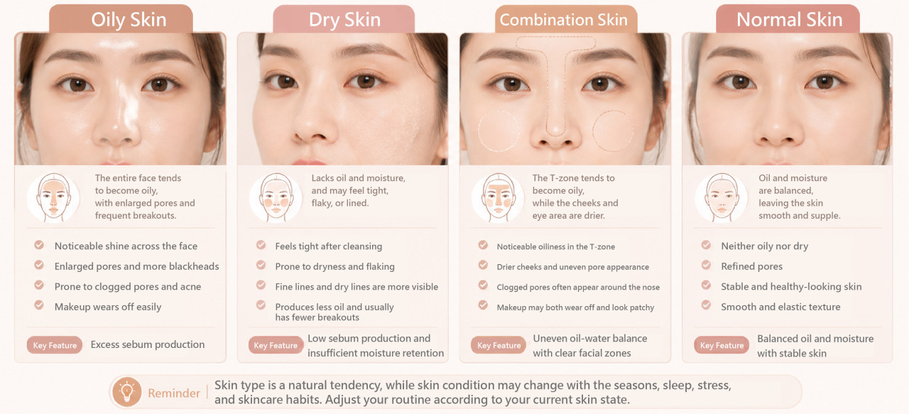 O性、D性、C合性與Normal Skin比較圖
